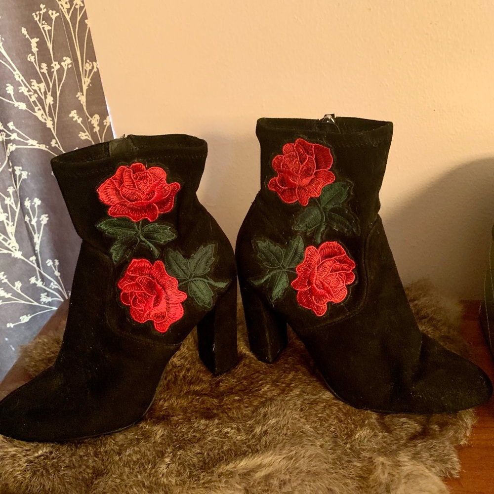 Black Embroidered Rose Ankle Boots